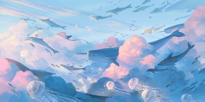 pastelovo modré pozadie s ružovými akcentmi na tému morské dno morské mraky zvieratá