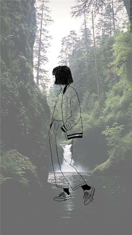 Dreamcatcher tapet låsskärm tapeter rolig bild inspirerande fototeckning av en tjej längst ner i en skog och vattenfall