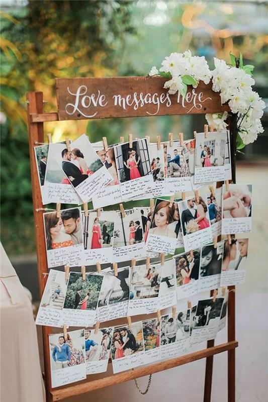 Tabuľa s fotografiami a pozdravmi pre svadobnú dekoráciu skvelých nápadov