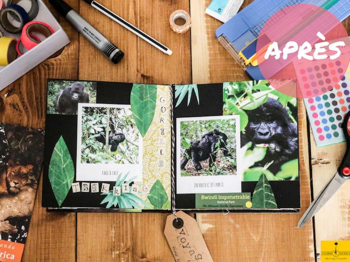 Klippresultatet och foton i en svart sida, scrapbookingmaterial, bokdesign med fotominnen