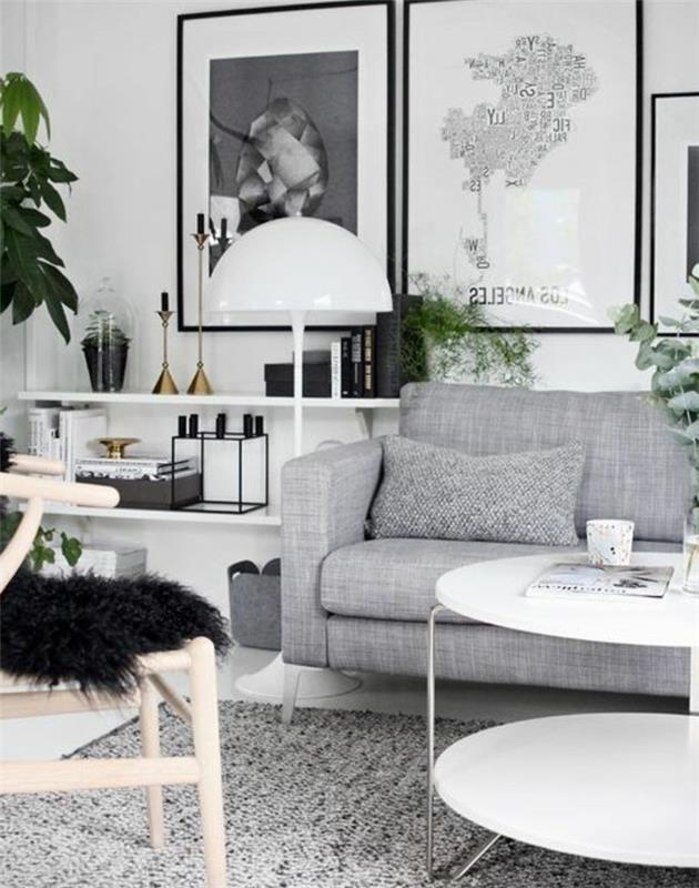 vilka färger matchar med grå, trästol, svart furrig filt, grå soffa, inramad hängkonst