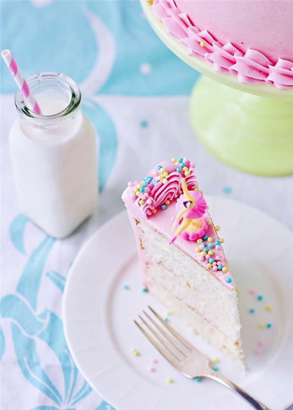 كعكة عيد ميلاد لفتاة تبلغ من العمر سنة واحدة مع موضوع راقصة الباليه ، وصفة لكعكة الفانيليا مغطاة بالجليد الوردي