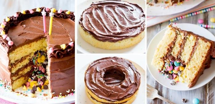 idé för en original chokladfödelsedagstårta med flera lager, toppad med chokladbakelse som döljer överraskningar i hjärtat
