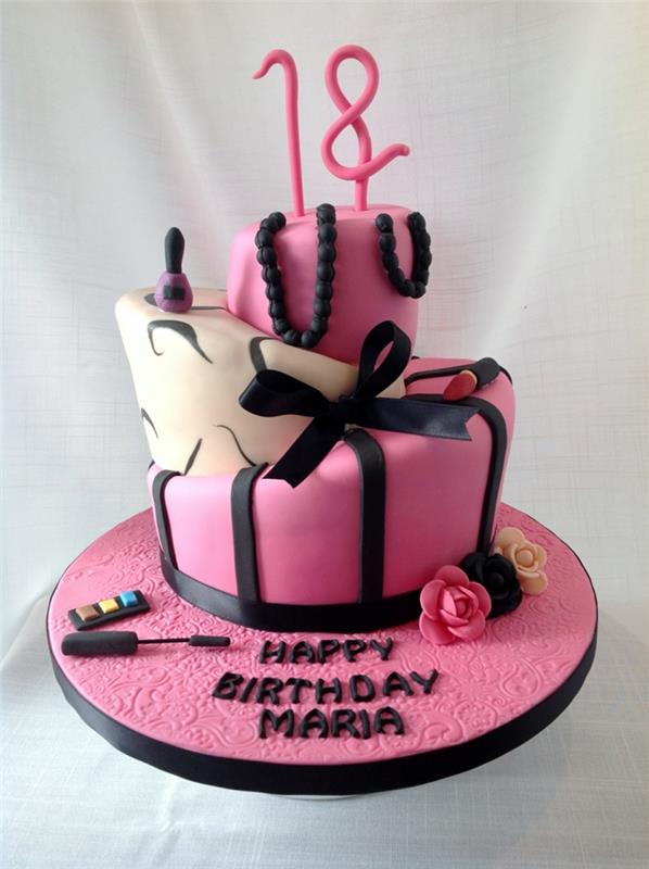 torta k osemnástym narodeninám, personalizovaná narodeninová torta v ružovej a bielej farbe