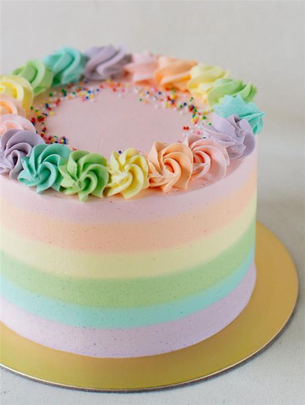pastelový dúhový koláč s pečivovým krémom a farebnými guľkami originálny dezert