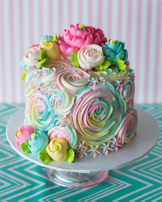 färgad smörkräm med matfärgning i olika färger för att skapa ett blommigt mönster på en original tårta