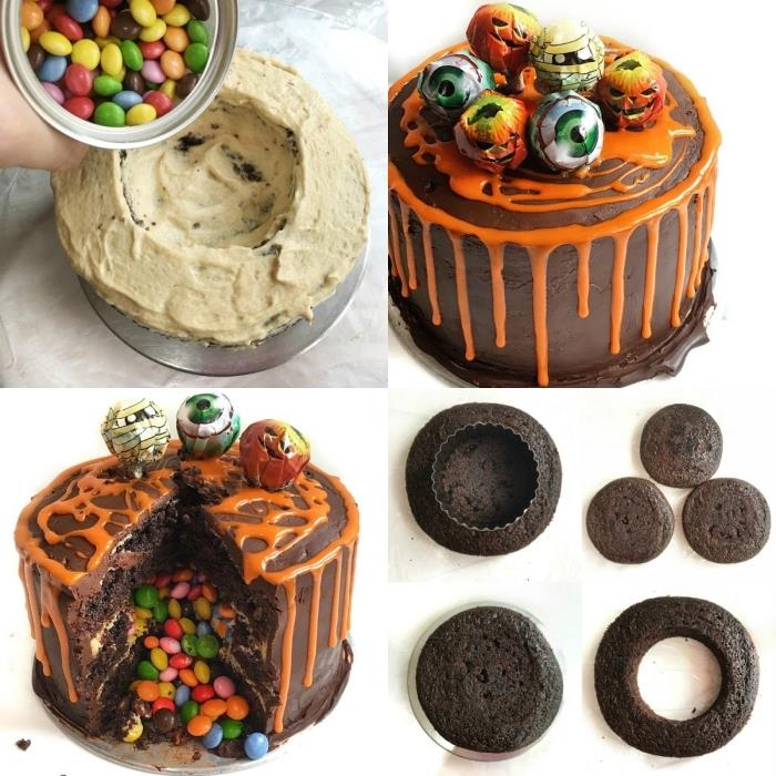 smarties chokladkaka idé för halloween fest med apelsinflödande glasyr