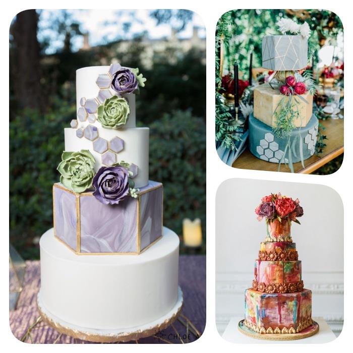 bröllopsdagstårta i geometrisk stil med lager av sexkantig tårta och andra geometriska former