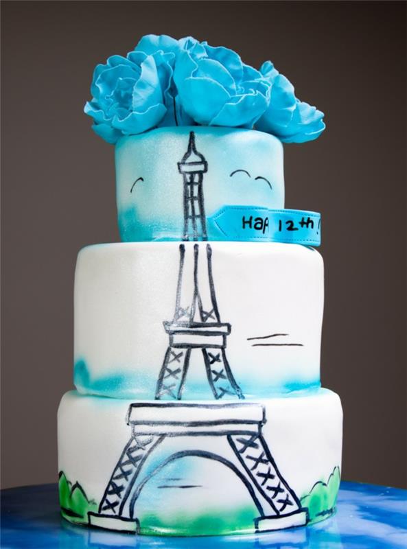 trojposchodová torta s kresbou Eiffelovej veže, modrými pastovými kvetmi, narodeninovou tortou pre dospelých