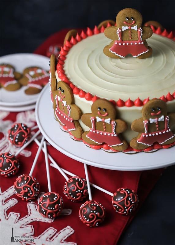 pepparkakskaka dekorerad med vit choklad och små kryddfigurer dekorerade med kungsröd och vit glasyr, julkaka poppar