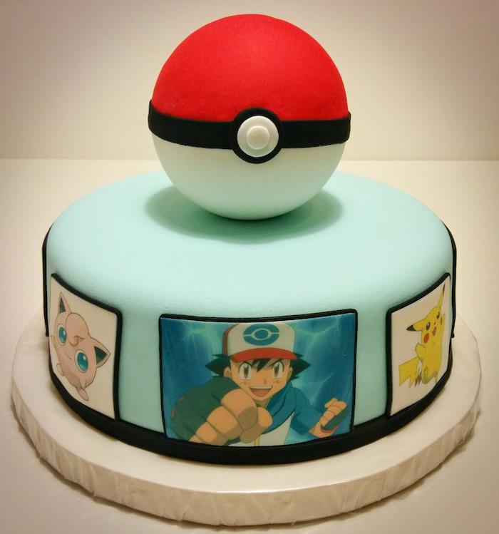 narodeninová téma pokemon, valček, cukrový pokeball, tyrkysová poleva, pokemon torta