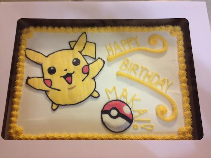 narodeninová téma pokemon, kresba lietajúceho pikachu, pokéball, žltý krémový list, pokemon torta