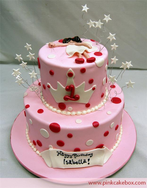 dvojposchodová torta, prispôsobená narodeninová torta, poleva z ružovej pasty, červené a biele bodky, figúrka