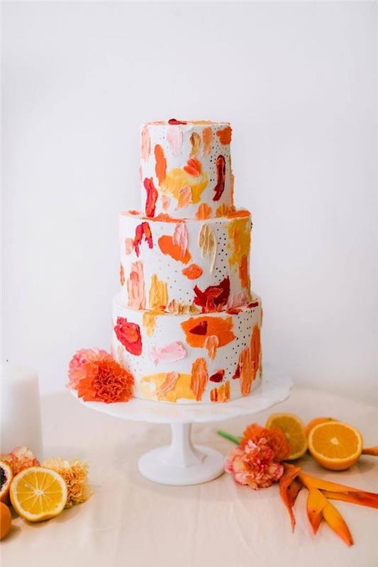 abstrakta inslag av apelsin, rosa, röd och gul grädde på en vit gräddbakgrund, tropisk stil tårtdekoration