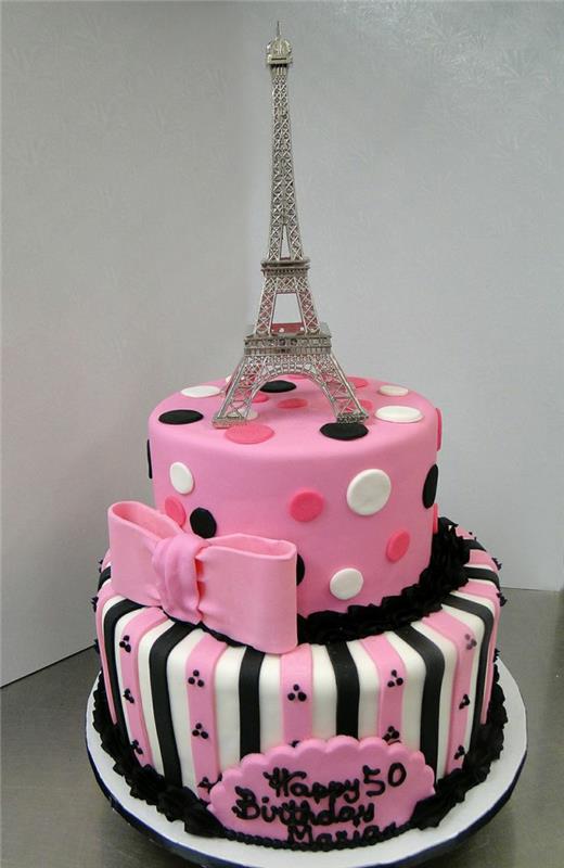 torta s eiffelovou vežou, torta s ružovou polevou, vytvarovaná ružová stuha, prispôsobená narodeninová torta
