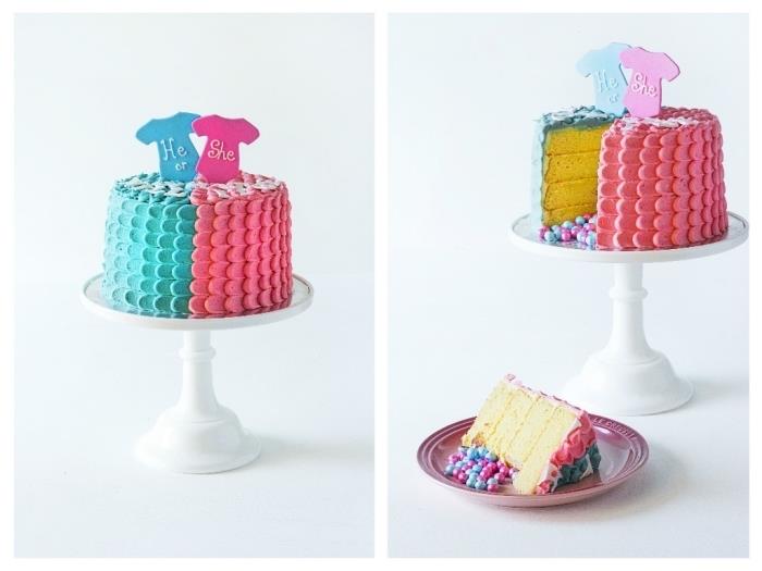 baby shower pinata tårta för att avslöja könet på den framtida bebisen, med halv rosa, halvblå kronblad glasyr