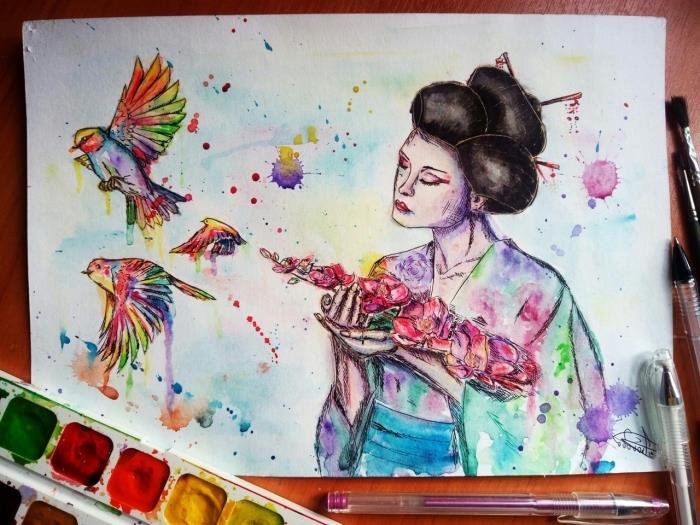 en explosion av färger akvarell på geishamålning