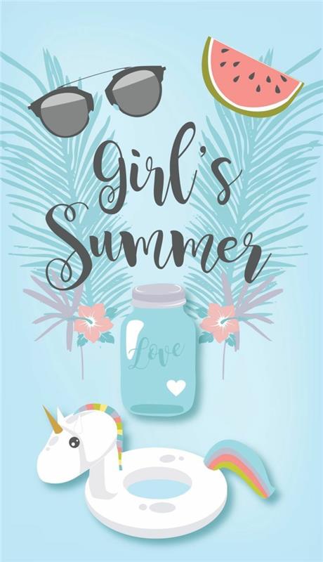 flickas sommar, blå bakgrund, söt iphone -bakgrund, två blå palmblad i bakgrunden