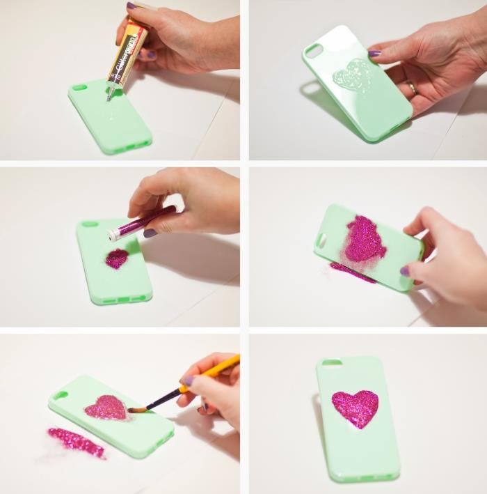 handledning med stegen att följa för att dekorera ditt gröna bärbara fodral med ett rosa glitterhjärta