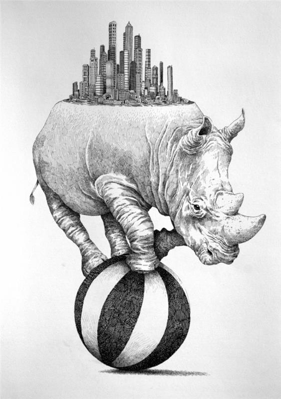 Idéritning noshörning bär modern stad på ryggen svartvita svartvita teckningar