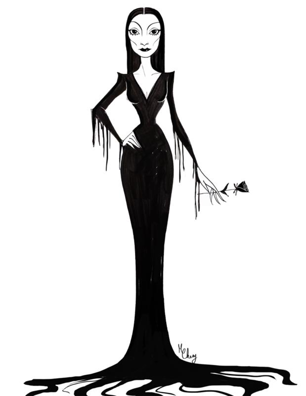 Halloween Morticia Addams Easy Costume Svart lång klänning Lång klänning