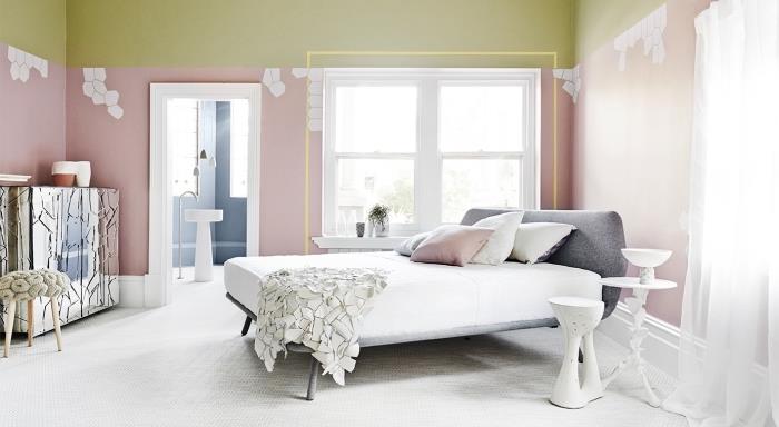 modern inredning, trendiga väggfärger i ett sovrum, tvåfärgad pastellgrön och rosa färg i ett sovrum
