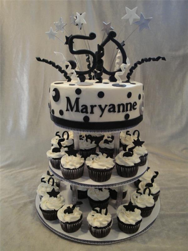 čiernobiela veža na košíčky, päťdesiata narodeninová torta, natieračka narodeninovej torty