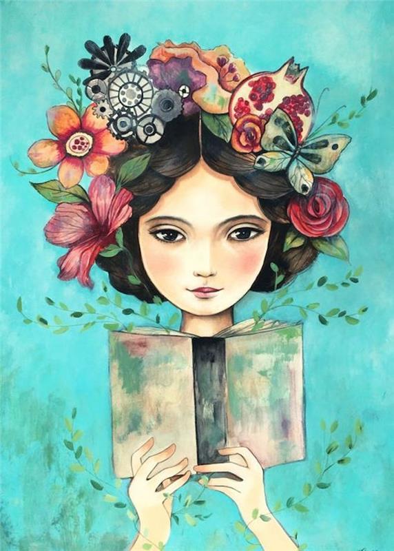 zelené pozadie, obrazová stopa, korunka hlavy, vyrobená z kvetov a ovocia, dievča čítajúce knihu