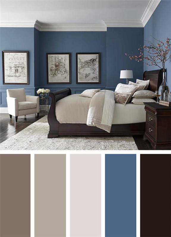 Moderná farebná schéma farebnej schémy spálne pre hlavnú spálňu a použitie troch až piatich