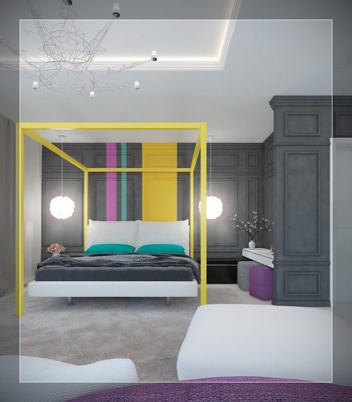 Ako zladiť farby pre steny steny spálne pre dospelých s nápadmi originálnej spálne pre sivú spálňu so žltými a zelenými detailmi