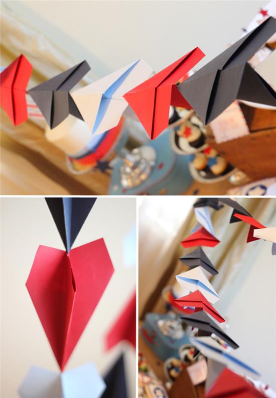 originálny nápad na párty dekoráciu na tému lietadiel, veniec z farebných papierových lietadiel