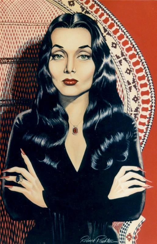 Morticia -bild av Addams -familjen färgglada teckningar söt vacker gotisk kvinna