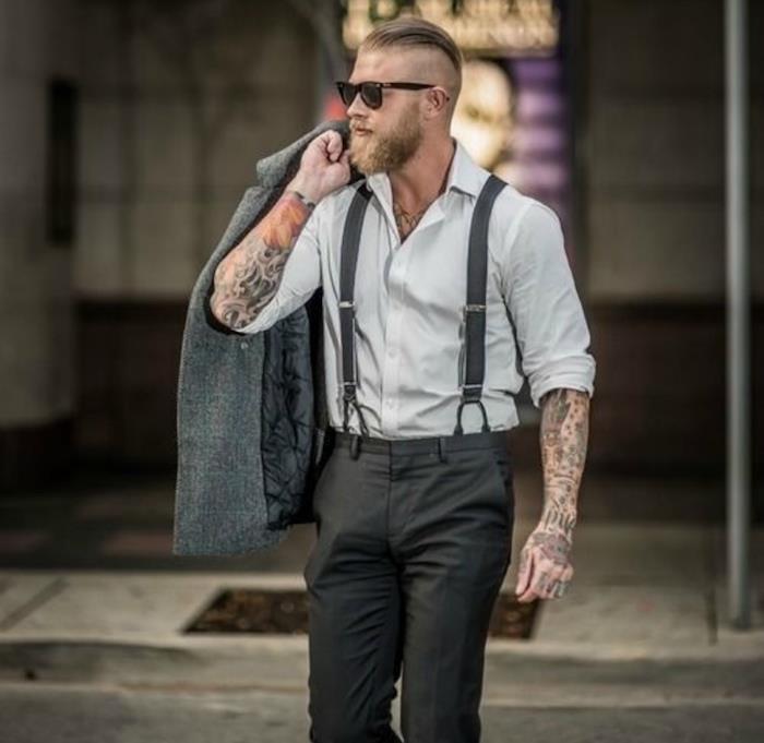 casual chic outfit för hipster man med hängseldräkt och öppen skjorta