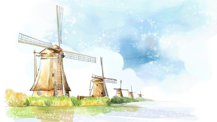 Nederländernas kvarnar, vatten och åkrar, akvarellritning land utan berg, enkel teckning att göra själv idé i bild
