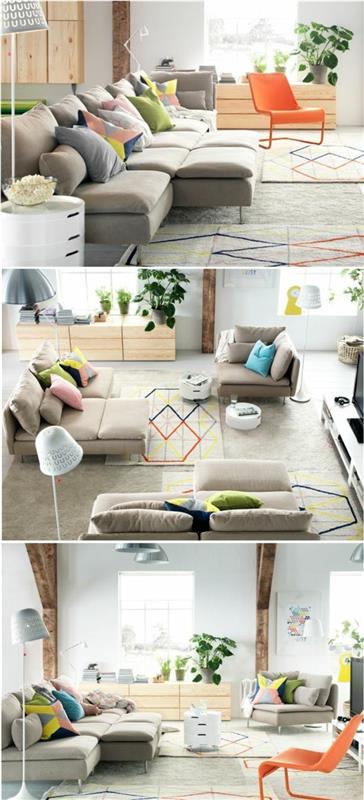 كيفية تزيين غرفة المعيشة ، ثلاث صور تظهر أريكة بيج كبيرة ، مقسمة إلى ثلاثة أو اثنين أرائك منفصلة ، كرسي برتقالي حديث