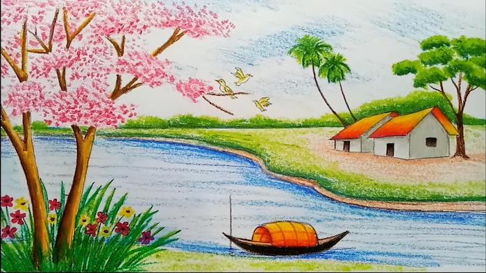 Färgglada ritningar vårlandskap enkel och vacker teckning, tropiskt land imaginär ritning