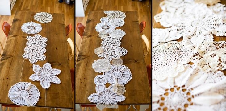 bröllopsdekoration, bordslöpare, gjord av vita doilies av olika storlekar, spets brico -projekt