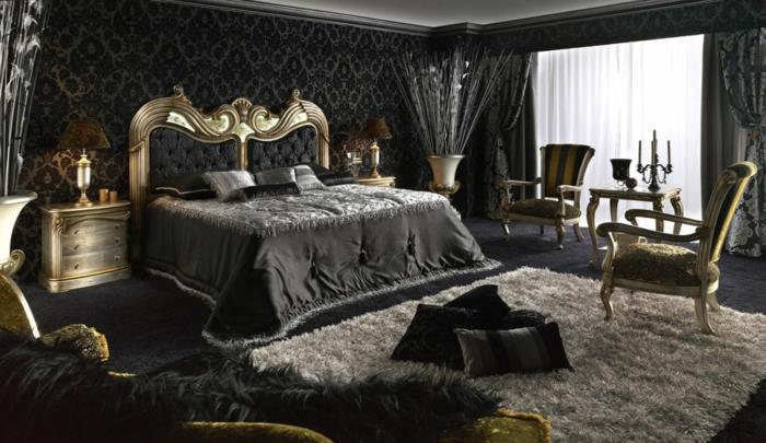 sovrums layout, vit matta, grått sängklädsel, guldljusstake, vitt tak