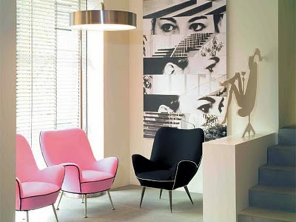 dekorativ-idé-om-en-trappa-stolar-i-rosa-och-svart, tapeter-svart-vitt