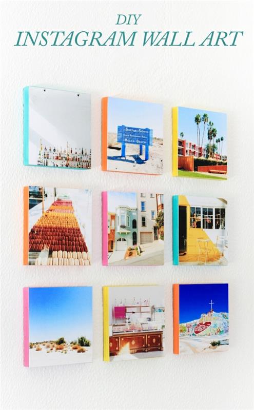 fotovägg, instagramfoton av resor i vackra färger arrangerade på väggen