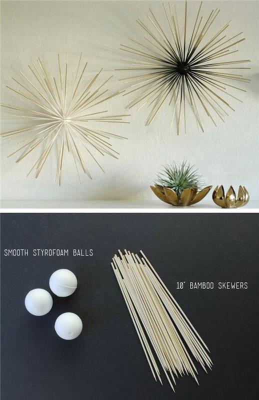 enkel DIY -idé med polystyrenkula och bambuspett, träväggdekoration
