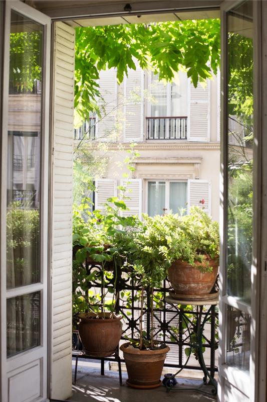 lätt att göra själv terrassbrisvy, exempel på en liten balkongdekoration med stora terrakottakrukor och växter