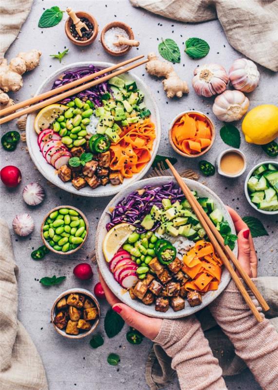 nápad na vegetariánsku misku na šťavu z tofu mrkva kapusta avokádová reďkovka edamame ryža a sezam