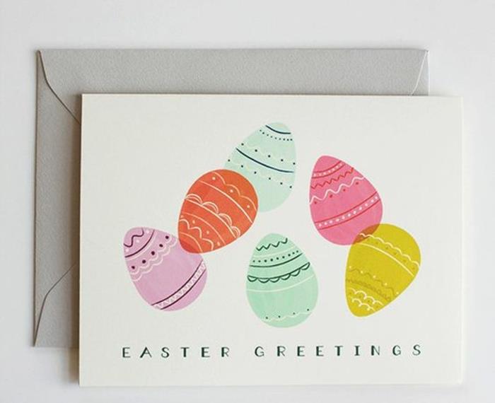 mångfärgade påskägg på ett vitt kort, glad påsk, orange, rosa, gul, grön färg, klassiskt gratulationskort
