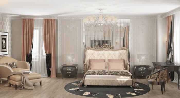 Parisisk boudoir, parkett av ljust trä, beige fåtölj, pastellrosa gardiner, rund fjärilsmatta