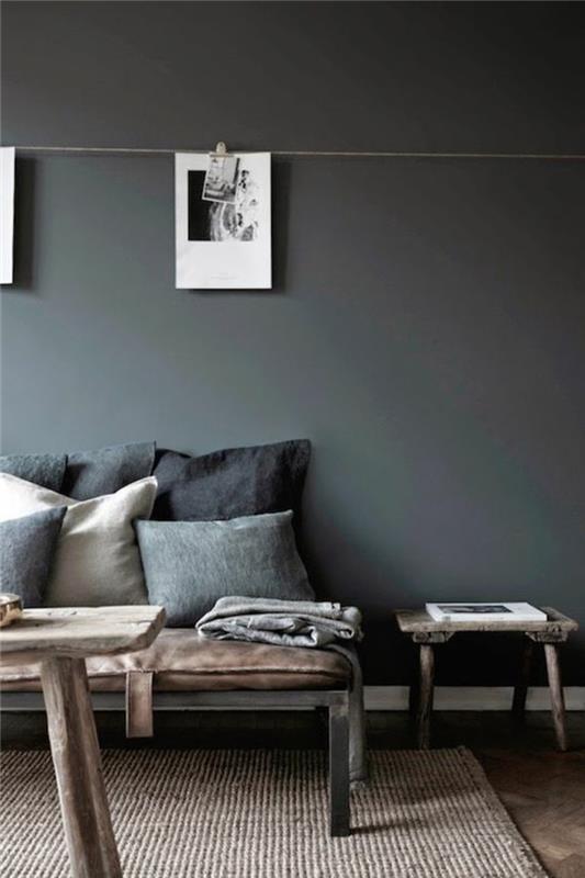 idea-maľba-obývačka-sivé-steny-ratanový koberec-šik-nábytok-sivé-steny