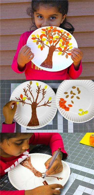 kresba na papierovom tanieri vyrobená z plsti a jesenných listov stromu, ľahký detský nápad urobiť si sám