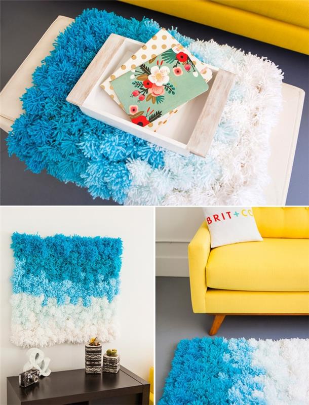 esempio di oggetti fai da te per la casa, un tappetino azzurro e bianco realizzato con dei pon pon