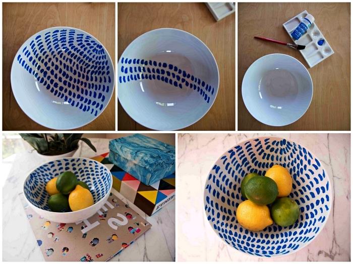 dotyky modrej keramickej farby na prispôsobenie porcelánovej misy, kreatívne nápady na prispôsobenie riadu