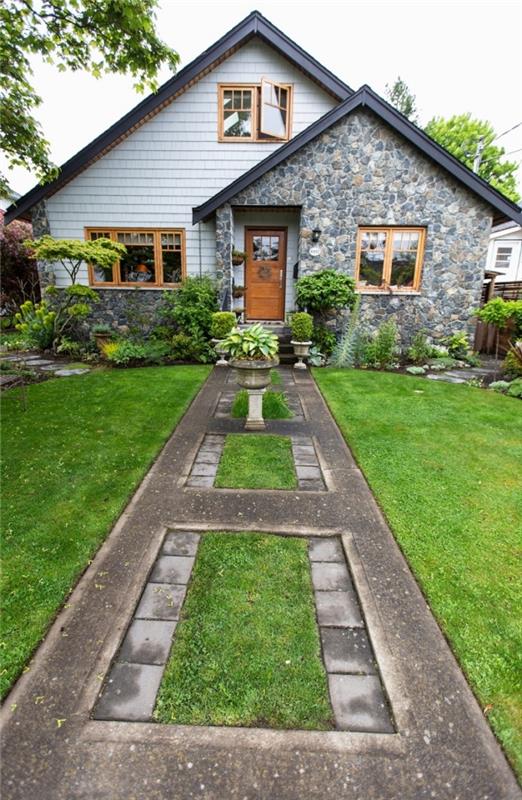 الزخرفة الخارجية لمنزل مع درب وعشب ، فكرة تصميم خارجي لمدخل منزل مع حديقة
